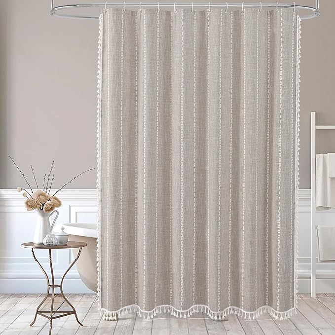 MitoVilla Boho Farmhouse Fabric Shower Curtain, Tan Brown Modern Polyester Linen Shower Curtains for Vintage Rustic Bathroom Decor, Country Tassel Thick Cloth Shower Curtain, Taupe, 72 x 72