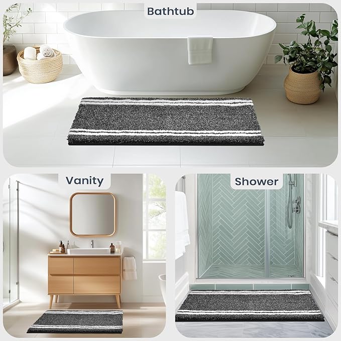 PURRUGS Bathroom Rug Non-Slip Machine Washable 30" x 46", Super Absorbent and Quick Dry Shaggy Microfiber Bath Mat, Extra Soft and Plush Bath Rug for Bathtub, Shower and Sink, Charcoal