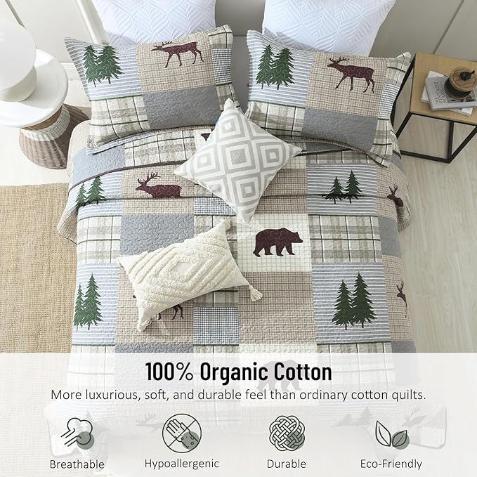 Quilt for King Bed - 100% Cotton Farmhouse Patchwork Plaid Cabin King Size Quilt Bedding Set, Brown Gray Green Animal Bear Deer Tree Lightweight Bedspread, 3-Piece for All Season (98"x106")