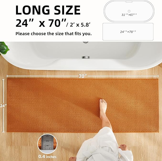 Bathroom Runner Rugs, Long Bath Mat Runner Washable Thin Quick Dry Low Pile Bathroom Runner Rugs Non Slip, Orange 24"x70"