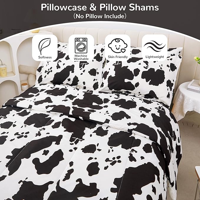 Viviland Kids Twin Bedding Sets for Girls, Boys Soft Twin Comforter Set with Sheets, 5 Pieces Microfiber Bed in a Bag, Cow Animal