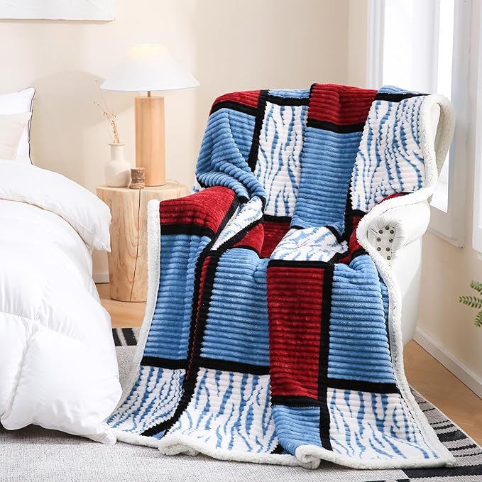 PU MEI Sherpa Blanket Fleece Throw Blanket Queen Plaid Thick Bed Blanket, Soft Warm Cozy Throw Blanket, 80”*90” Zebra-Wine Blue