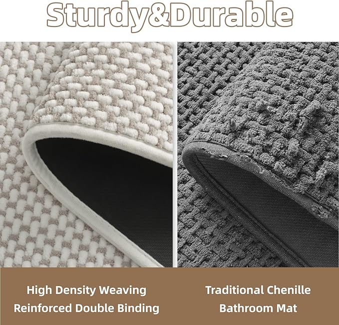 PADOOR-Bath Mat-Super Absorbent Chenille Bathroom Mats-Rubber Backed Bath Mats for Bathroom Non Slip, Easy Clean Bathroom Rugs Front of Bathtub,Shower Room,Sink-17×28, Beige&Cream
