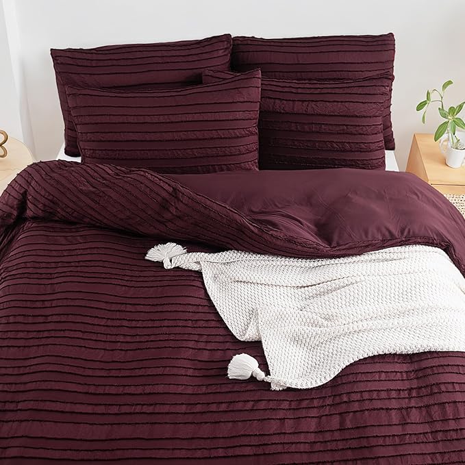 NEXHOME PRO Duvet Cover King Size, Blue 3 Pieces Boho Tufted Duvet Cover Set, Soft and Lightweight Microfiber Comforter Cover Set for All Season (Burgundy,104 x 90)-No Comforter