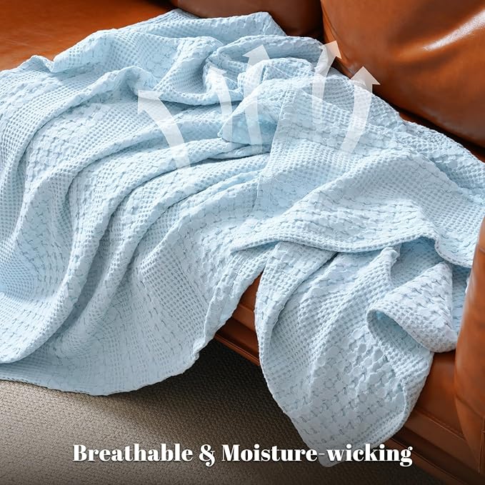 PHF 100% Cotton Waffle Weave Throw Blanket, Soft Lightweight Breathable Cozy Throws for Couch Bed Sofa, Luxury Aesthetic Woven Blanket for Home Decor & Office, 50"x60", Baby Blue