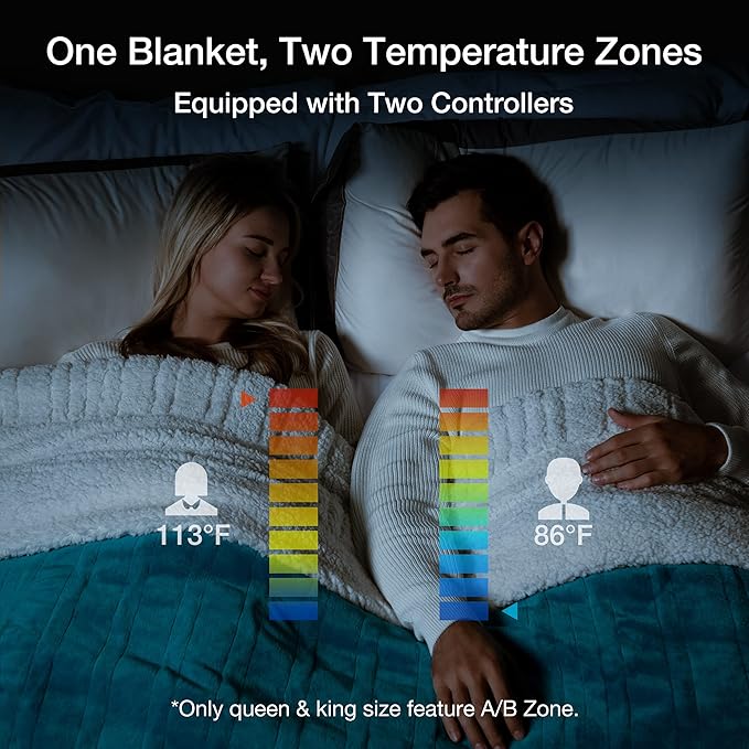 WOOMER Heated Blanket King Size,Durable Flannel and Soft Sherpa,Dual Control,90” × 100” Electric Blanket, 10 Heat Levels&0.5-12h auto-Off, Overheat Protection,Energy Efficient