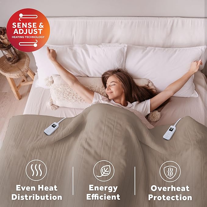 Sunbeam Electric Royal Luxe Microplush Heated Blanket, 12 Heat Settings, 12-Hour Auto Shut-Off, Fast Heating, Warm & Cozy, Machine Washable, Mushroom Color, King (90" x 100")