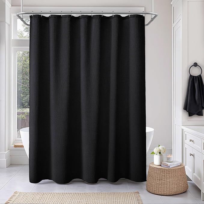 Extra Long Waffle Shower Curtain - Black Cotton Texture Fabric Heavyweight Shower Curtain for Bathroom,72Wx84L