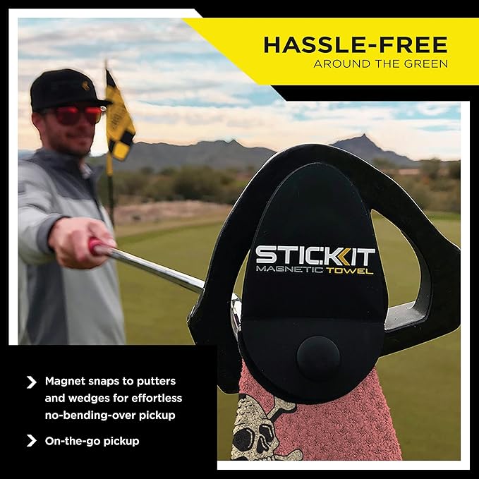 STICKIT Magnetic Golf Towel with Pink Skulls | Top-Tier Microfiber Golf Towel with Deep Waffle Pockets | Industrial Strength Magnet for Strong Hold to Golf Carts or Clubs