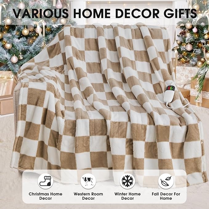 Light Brown Heated Blanket Electric Twin Size, 62X84 Heating Blanket with 10 Heat Level & 8 Hours Auto Off, Checkered Plaid Soft Fleece Sherpa Blankets Warmer Gifts for Couch Grandma Women Adults