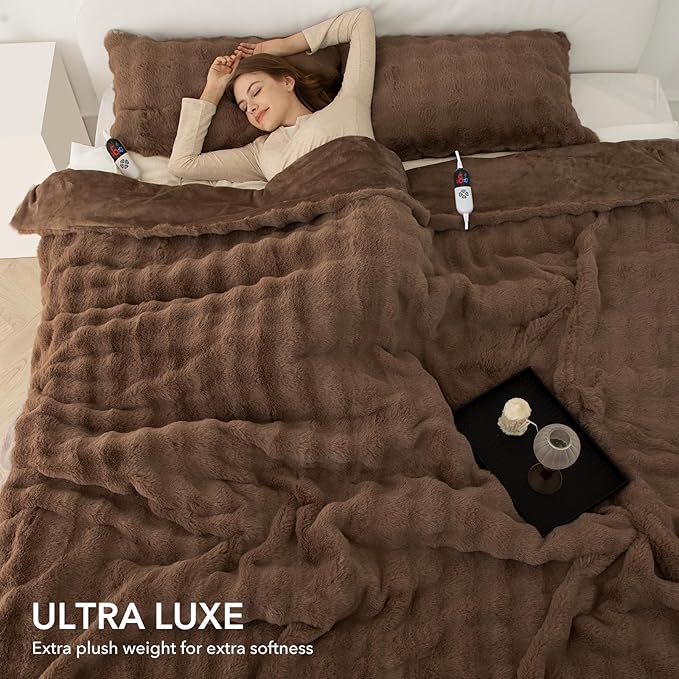 Faux Rabbit Fur Bubble Electric Blanket Queen Camel - Fluffy Thick Heated Blanket with Dual Control, 6 Heating Levels & 10 Timer Settings, Overheat Protection, Room Home Decor (84" x 90")