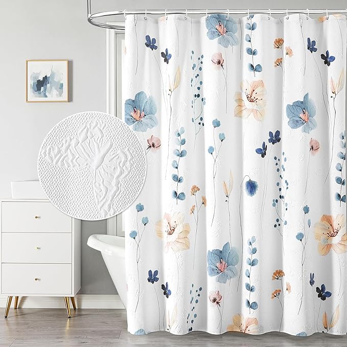 QiyI Long Shower Curtain 72 x 78, Modern Watercolor Floral Shower Curtain, 3D Embossed Textured Beige Flower Cloth Bathroom Curtain, Waterproof Fabric Rustic Farmhouse Shower Curtain Set with Hooks