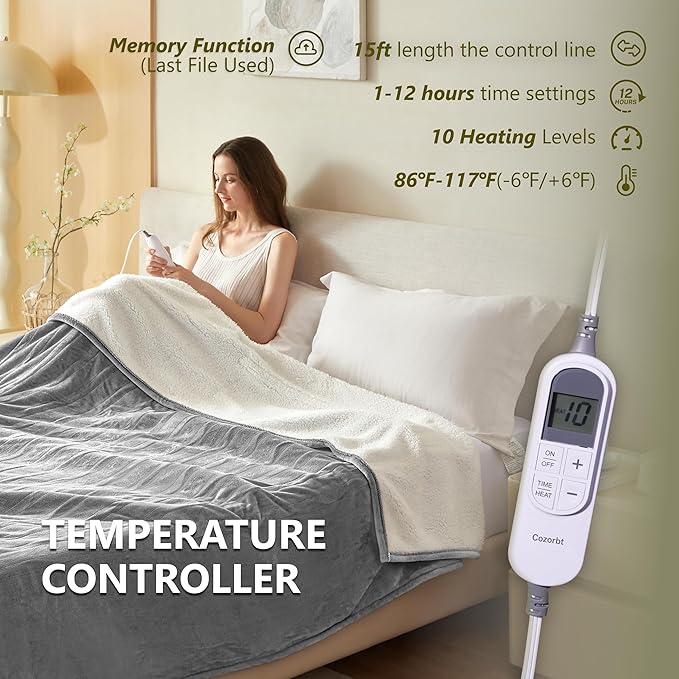 Heat Blanket 50”x60” Throw,Soft Flannel & Sherpa Reversible Electric Blanket with 10 Heat Settings,12 Timer Setting and 3 Hours Auto-Shut Off,ETL Certified Machine Washable,Light Grey