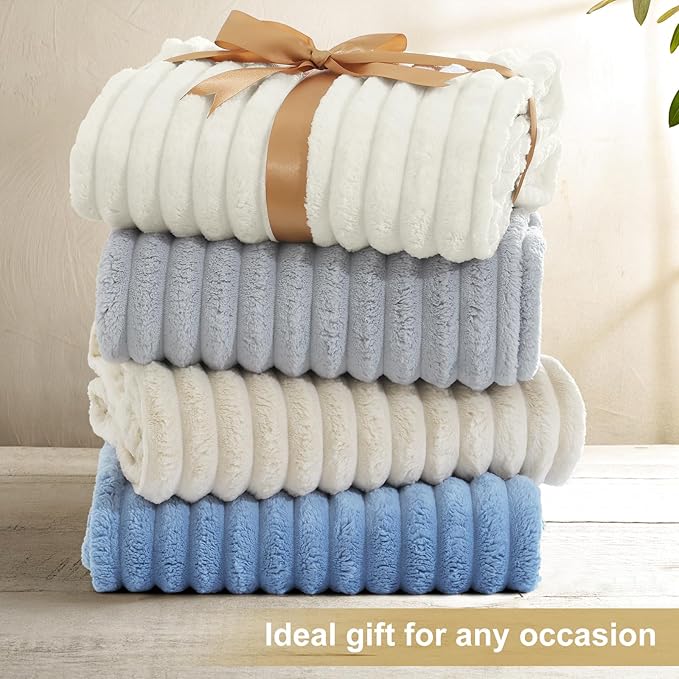 decorUhome Christmas Soft Fleece Cream White Blanket Queen Size for Bed, Cozy Fluffy Plush Flannel Large Striped Throws for Couch Sofa, Lightweight Decorative Fuzzy Blanket for Woman, 90x90 Inches