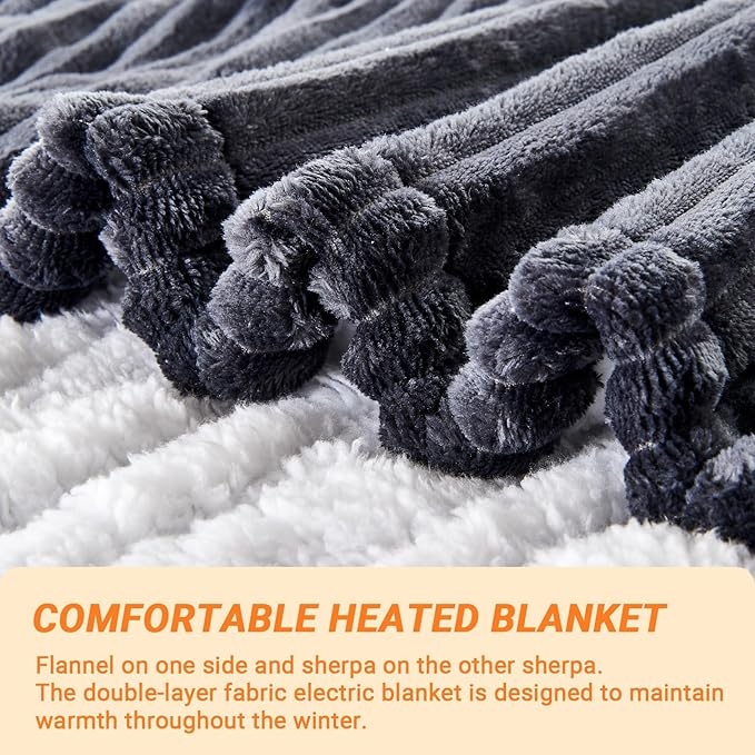 Heated Blanket Electric King, Soft Flannel Heating Blanket with 8 Hours Auto Off 10 Fast Heating Levels Machine Washable Sherpa Heated Blanket with Overheating Protection