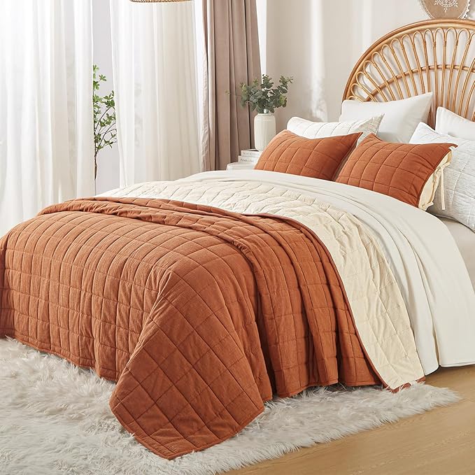 Burnt Orange Quilt King Size， Cotton Linen King Quilt Bed Spreads，3-Pieces King Size Quilt Bedding Set with Cream Stripe Coverlet Lightweight Bedding Comforters with 2 Pillow Shams