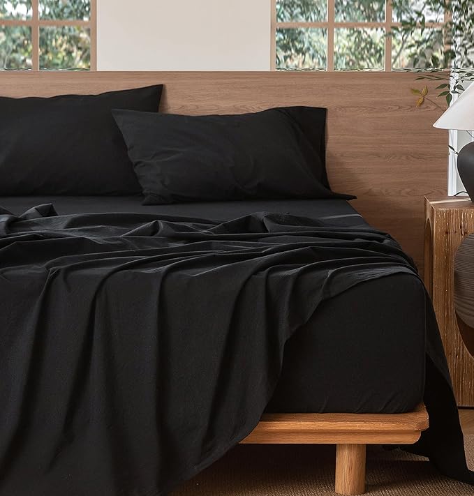 MooMee Bedding Sheet Set 100% Washed Cotton Linen Like Textured Breathable Durable Soft Comfy (Solid Black, Full)
