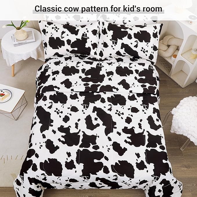 Viviland Kids Full Bedding Sets for Girls, Boys Soft Full Comforter Set with Sheets, 7 Pieces Microfiber Bed in a Bag, Cow Animal