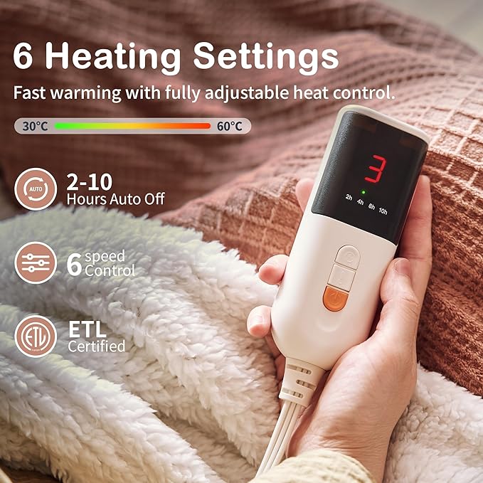 Heated Blanket Electric Blanket Throw 50''X60''-Heating Blanket with 6 Heat Settings-2-10 Hours Auto Off,ETL Certified,Machine Washable (Fog Rose)