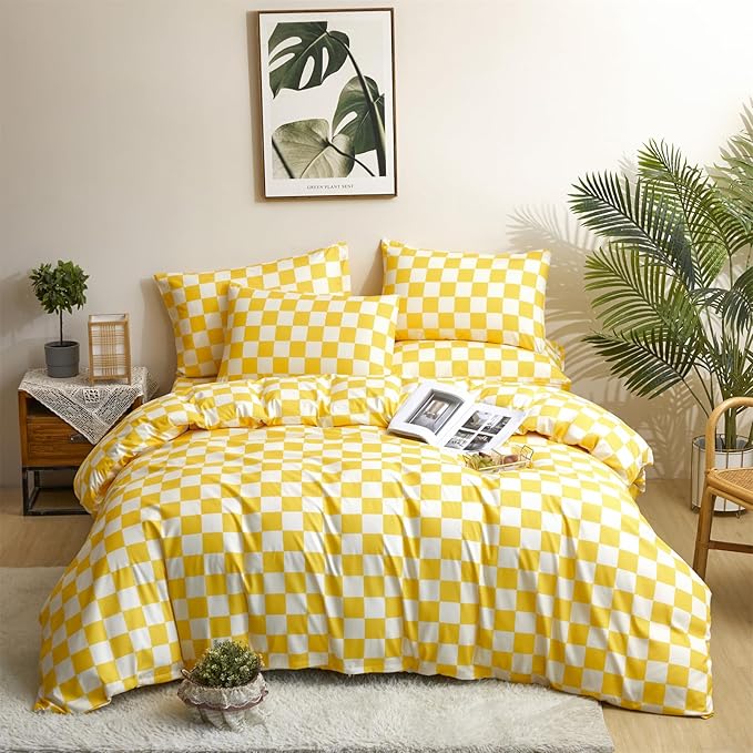 KAREVER Yellow White Grid Comforter Set Twin Yellow Plaid Bedding Set Girls Yellow and White Checkered Kids Breathable Blanket Set