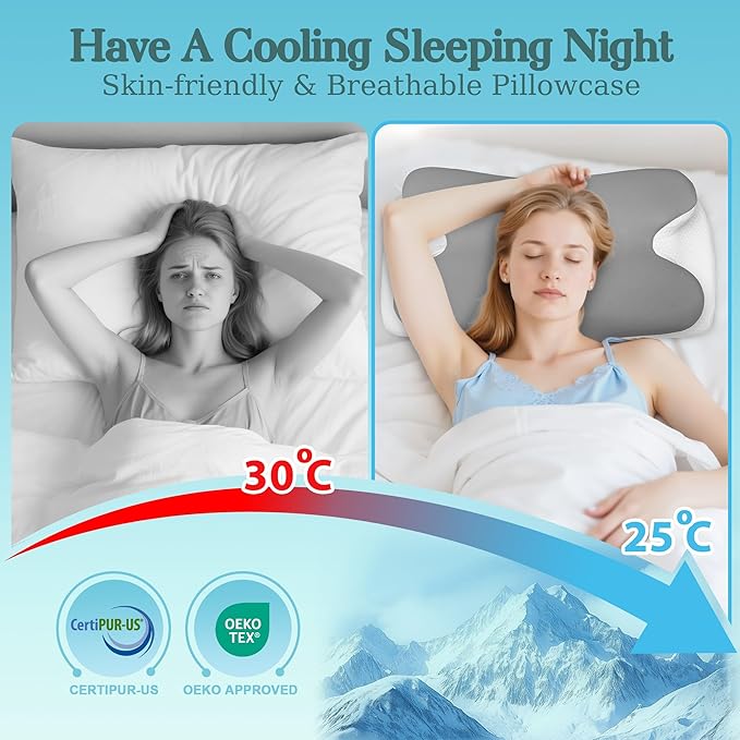 Cervical Neck Pillow for Sleeping,Memory Foam Pillows for Neck Pain Relief,Ergonomic Neck Support Contour Pillow for Side Back Stomach Sleepers,Orthopedic Breathable Pillowcase(Light Grey)