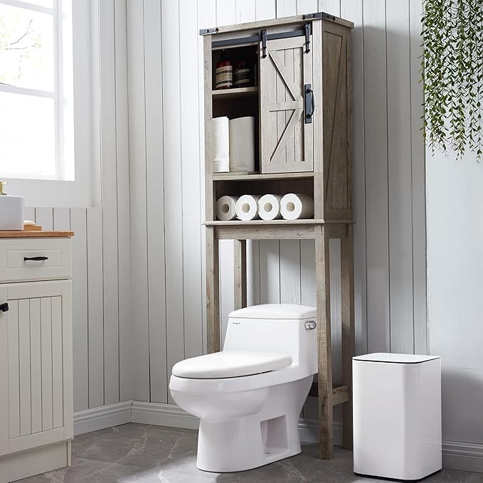 RedLemon Farmhouse Over The Toilet Storage Cabinet, 68" Tall with Sliding Barn Doors & Adjustable Shelves, Rustic Above Toilet Storage Cabinet, Light Rustic Oak