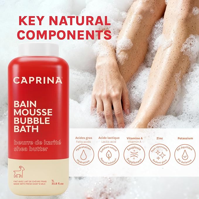 Caprina Fresh Goat’s Milk Bubble Bath, 1L, Hydrating Relaxing Foam Bath, Moisturizing and Gentle on Skin, Made in Canada (Shea Butter)