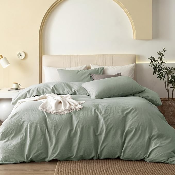 JIYUAN 100% Washed Cotton Duvet Cover Set 3 PCS Oversized King, 1 Duvet Cover 120"x98" (Comforter Not Included) and 2 Pillowcases,Linen Feel Bedding Set Comfy and Breathable, Heathered Sage Green
