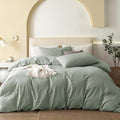 JIYUAN 100% Washed Cotton Duvet Cover Set 3 Pieces Cal King, 1 Duvet Cover 104x98 Inches(Comforter Not Included) and 2 Pillowcases,Linen Feel Bedding Set Comfy and Breathable, Heathered Sage Green