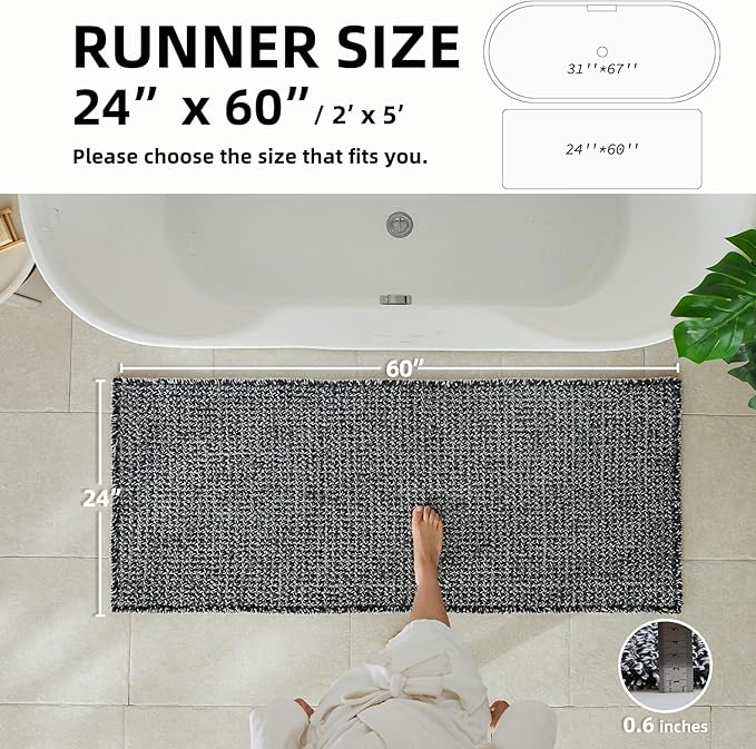 Black and White Bathroom Rugs, Waffle Runner Rug Bathroom Non Slip Washable Long Super Absorbent Quick Dry Boho Farmhouse Bath Decor, 60"x24" Black and White