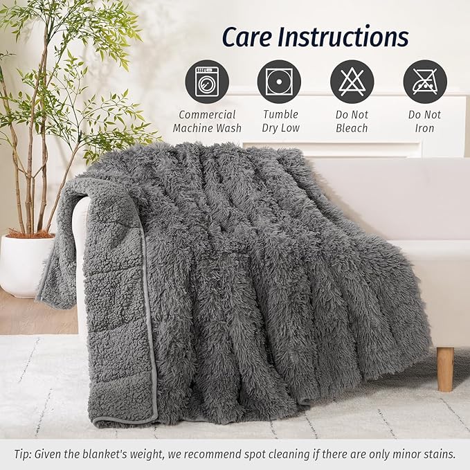 Wemore Shaggy Long Fur Faux Fur Weighted Blanket, Cozy and Fluffy Plush Sherpa Long Hair Blanket for Adult 20lbs, Fluffy Fuzzy Sherpa Reverse Heavy Blanket for Bed, Couch, Grey, 60 x 80 Inches