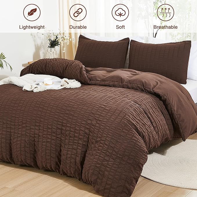 AveLom Brown Duvet Cover King(104 x 90 inches), 3 Pieces (1 Duvet Cover, 2 Pillow Cases), Seersucker Striped Soft Washed Microfiber Textured Duvet Cover Set with Zipper Closure, Corner Ties