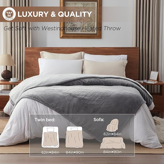 Westinghouse Heated Blanket King Size, Soft Flannel to Sherpa Electric Blanket with 10 Heating Levels, 12 Hours Auto Off, Fast Heating, Machine Washable, 100 * 90, Light Grey