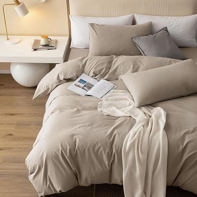 JIYUAN 100% Washed Cotton Duvet Cover Set 3 Pieces Full, 1 Duvet Cover 80x90 Inches (Comforter Not Included) and 2 Pillowcases,Linen Feel Bedding Set Comfy and Breathable, Heathered Tannish Linen Grey