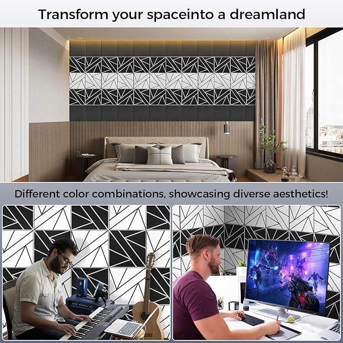 12 Pack 2-Layer Large Soundproof Wall Panels, 12x 12 x 0.43 in Sound Proof Foam Panels for Walls, 1.2lb/ft* High Density,3D Acoustic Panels,Artistic Noise Dampening Panels White&Black