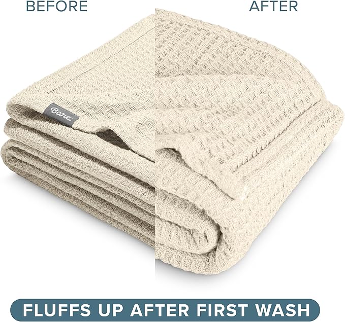 Bare Home Oyster Waffle Blanket, Extra Long 66Wx90L, 100% Cotton, Soft & Breathable Throw for All Seasons, Lightweight Blanket, Perfect for Layering Bed, Sofa & Couch (Twin/Twin XL, Oyster)
