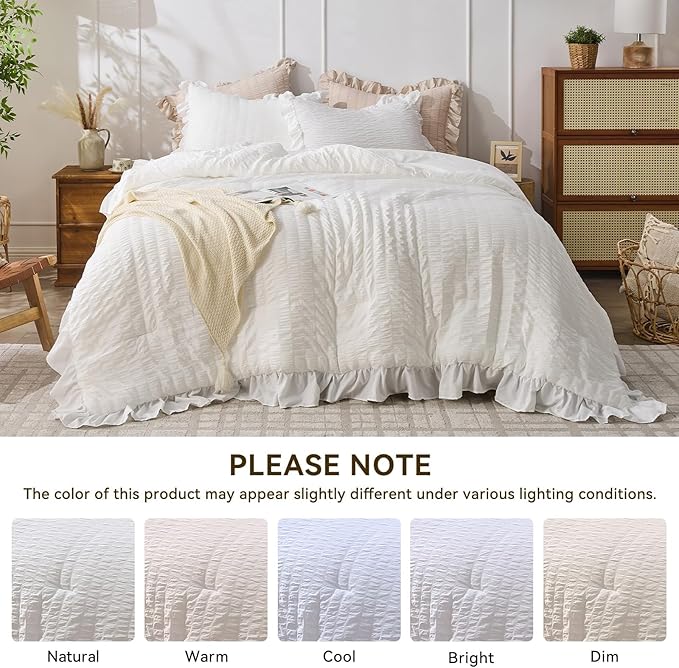 JOLLYVOGUE Queen Comforter Set, 3 Pieces White Seersucker Comforters Queen Size, Lightweight & Fluffy Bedding Sets Queen for All Season with 1 Ruffle Comforter and 2 Ruffle Pillowshams