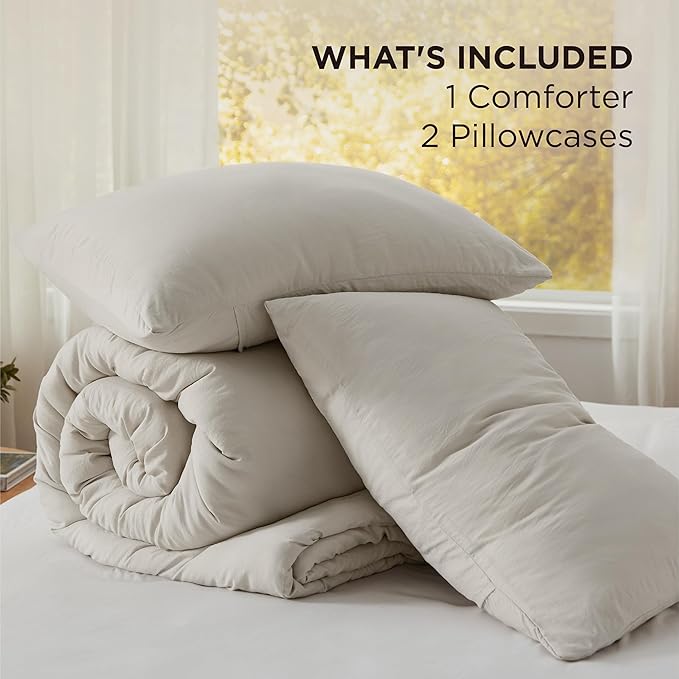 Bedsure Full Size Comforter Set, Beige Soft Prewashed Bedding for All Seasons, 3 Pieces GentleSoft™ Warm Down Alternative Bed Set, 1 Lightweight Comforter (82"x86") and 2 Pillowcases (20"x26")
