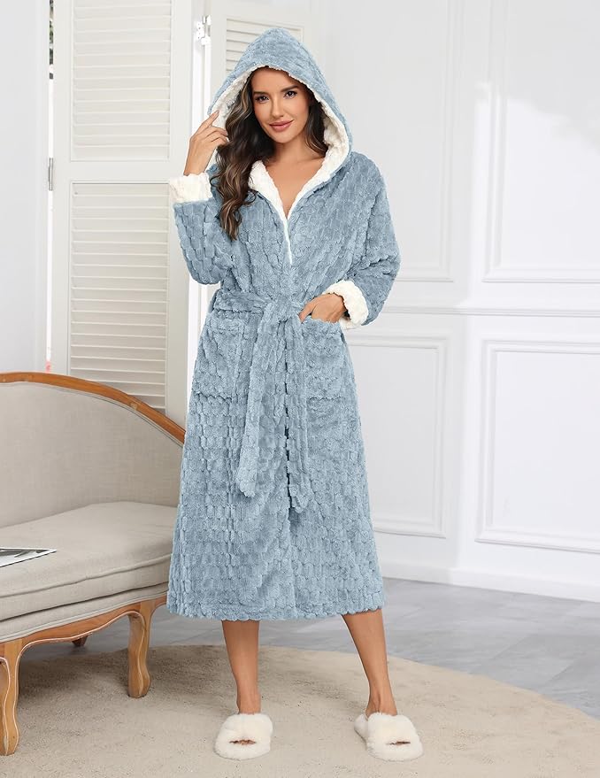 Ekouaer Womens Plush Robes Long Soft Jacquard Fluffy Bathrobe Hooded Robe Sleepwear with Pockets