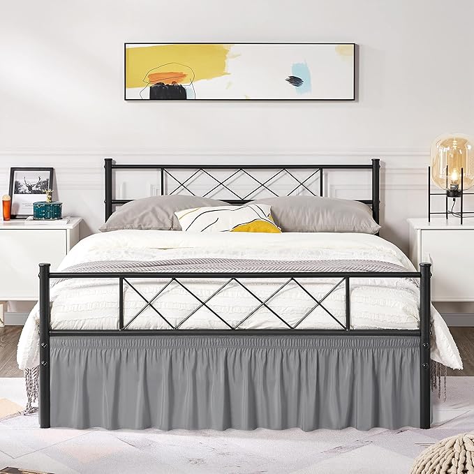 Biscaynebay Wrap Around Bed Skirts with Split Corners for Full Beds 14" Drop, Silver Grey Elastic Dust Ruffles Adjustable Easy Fit Wrinkle & Fade Resistant Silky Luxurious Fabric Machine Washable