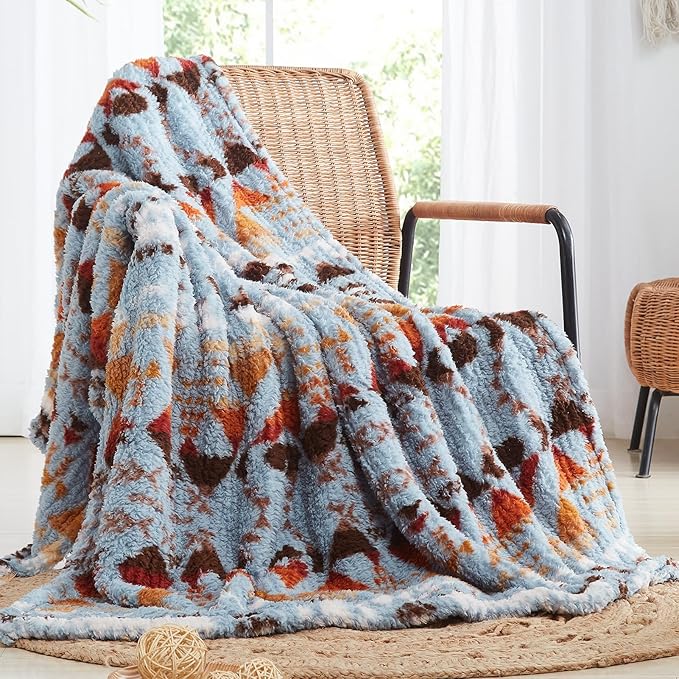 CASAAGUSTO Boho Sherpa Throw Blanket, Aztec Queen Blanket, Ultra Soft, Warm, Cozy, Plush, Thick Fleece Bohemian Throw Blanket for Couch, Bed, Sofa (Blue Grey 90 * 90 Inch)