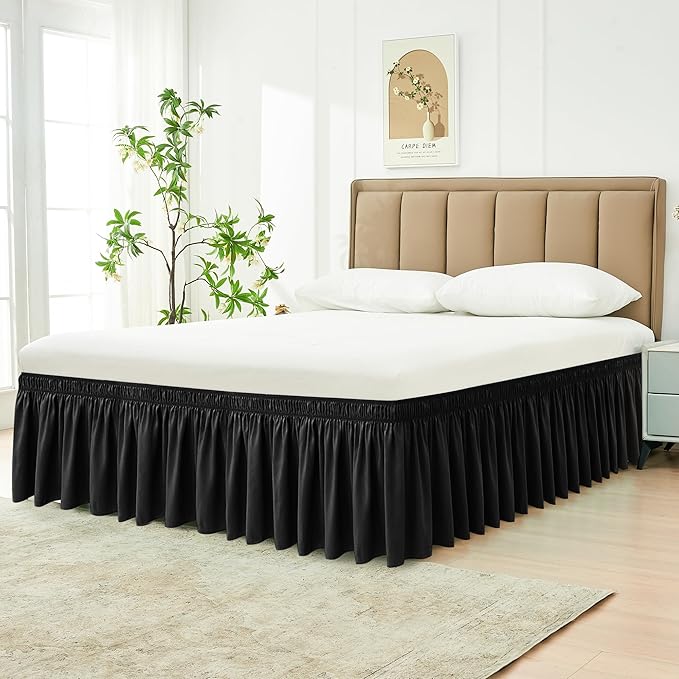 Biscaynebay Wrap Around Bed Skirts for Full & Full XL Beds 14" Drop, Black Adjustable Elastic Dust Ruffles Easy Fit Wrinkle & Fade Resistant Silky Luxurious Fabric Solid Machine Washable