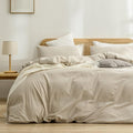 BESTOUCH Duvet Cover Set 100% Washed Cotton Linen Feel Super Soft Comfortable Chic Lightweight 3 PCs Home Bedding Set Solid Almond Milk Grey Queen