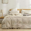 BESTOUCH Duvet Cover Set 100% Washed Cotton Linen Feel Super Soft Comfortable Chic Lightweight 3 PCs Home Bedding Set Solid Almond Milk Grey Full/Double