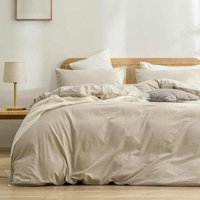 BESTOUCH Duvet Cover Set 100% Washed Cotton Linen Feel Super Soft Comfortable Chic Lightweight 3 PCs Home Bedding Set Solid Almond Milk Grey Full/Double
