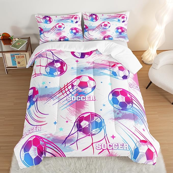 Ball Games Bedding Football Queen Comforter Set,Pink and Blue Soccers Stars Bedding Set for Kids Girls Boys Room Decor,Sports on The Court Aesthetic Bedding Sets with 2 Pillowcases.