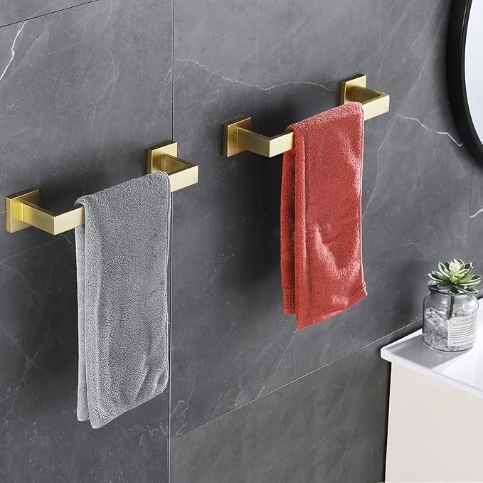 LANC 12-Inche Towel Bars for Bathroom Wall Mounted 30CM Brushed Gold Kitchen Towel Ring Total-14” Stainless Steel Square Towel Rails for Bathroom Hand Towel Holder Towel Hanger, A8804BG-3P1