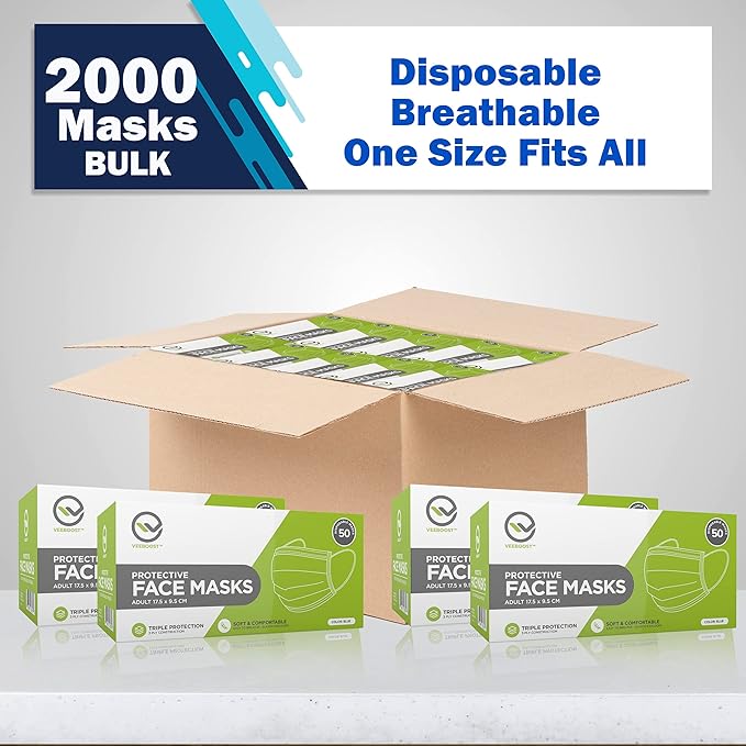 2000 Bulk Face Masks (40 Boxes, 50pcs/Box), Non Woven Thick 3-Layers Breathable Facial Masks with Adjustable Earloop, Mouth and Nose (Blue)