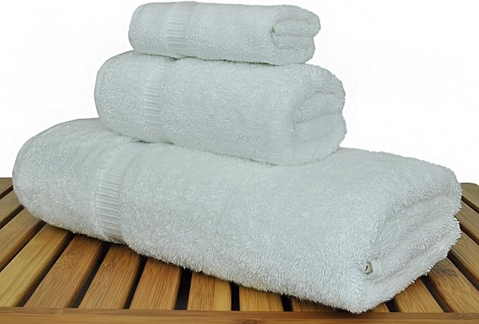 Luxury Hotel & Spa Quality Collection, Quick Dry 100% Turkish Cotton, 750+ GSM, Eco Friendly Towel Set, Bathroom and Kitchen Dobby Border Towels, Bath Towel, Hand Towel, Washcloths (3 Piece, White)