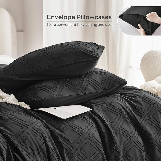 JELLYMONI Duvet Cover Twin Size Black - 3PCS Boho Duvet Cover Set Plaid Polyester Tufted Bohemian Jacquard Knit Textured Comforter Cover 68×90in Rhombic Geometric Pattern Corner Ties & Zipper